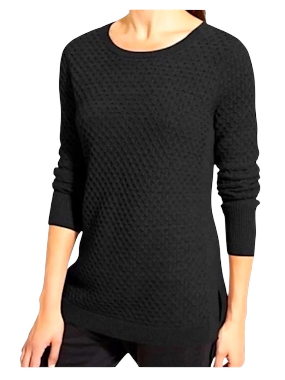 Athleta Honeycomb Sweater Tunic Black Side Slits Wool Blend Midweight L